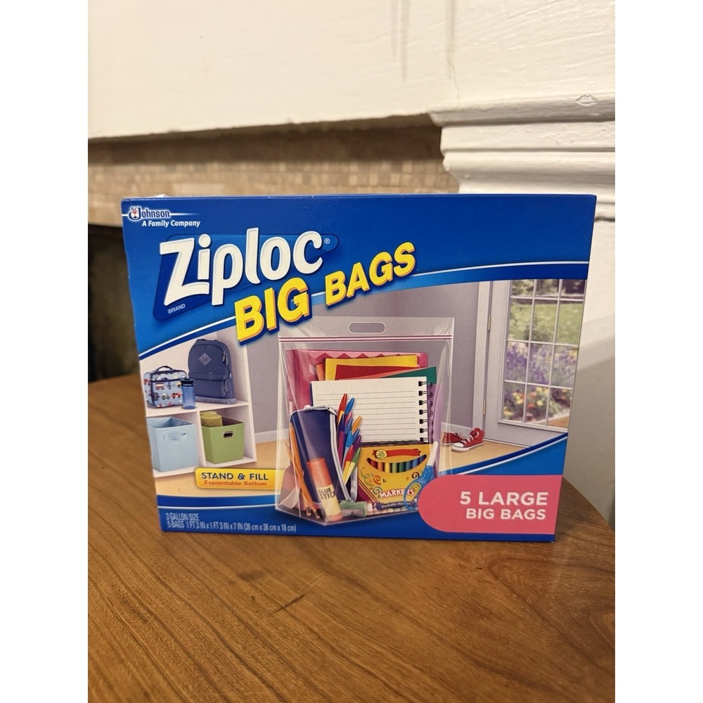 Ziploc Big Bags Large Size 3-Gallon Heavy Duty Zipper Storage 15" x 15" 5-Pack